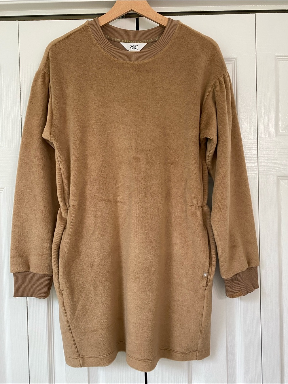 Athleta Girl Camel Fleece Crewneck Sweater Dress
